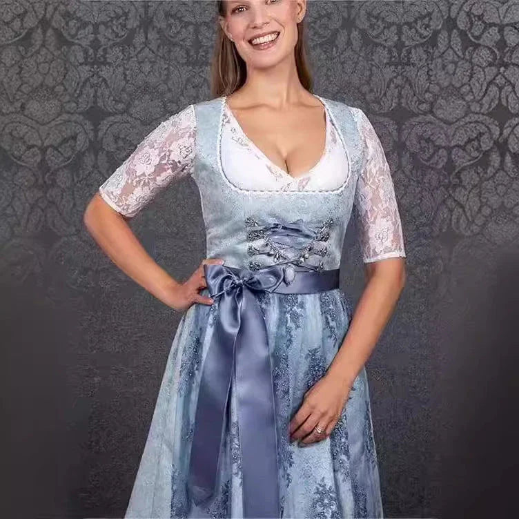 Bavarian-inspired 3-piece women's outfit with A-line skirt, pullover top, and jacquard pattern in sapphire blue color