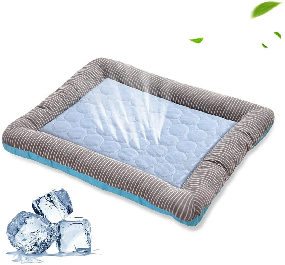 A soft, blue cooling pet bed made of breathable, high-tech fabric to keep dogs and cats cool and comfortable.