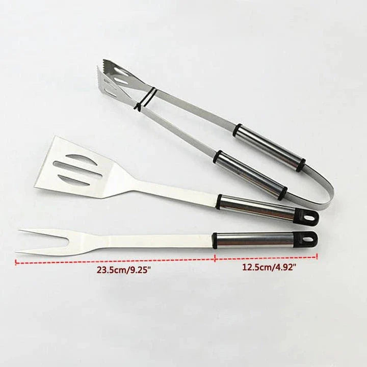 Stainless steel BBQ tool set with fork, tongs, and shovel for outdoor grilling and cooking
