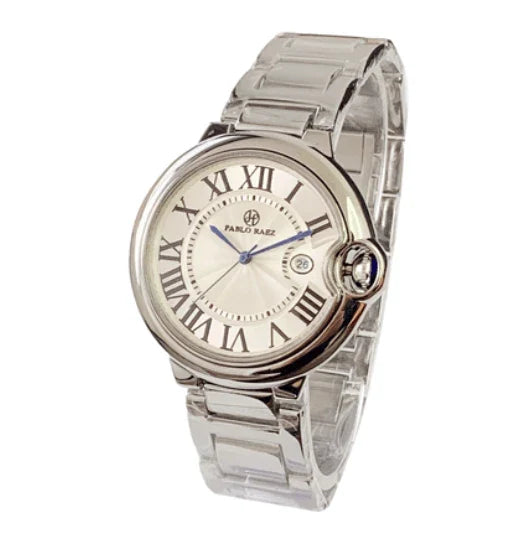 Stainless steel men's watch with large dial, calendar function, and adjustable band