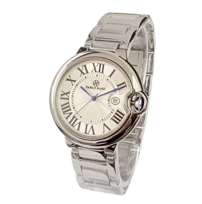 Stainless steel men's watch with large dial, calendar function, and adjustable band