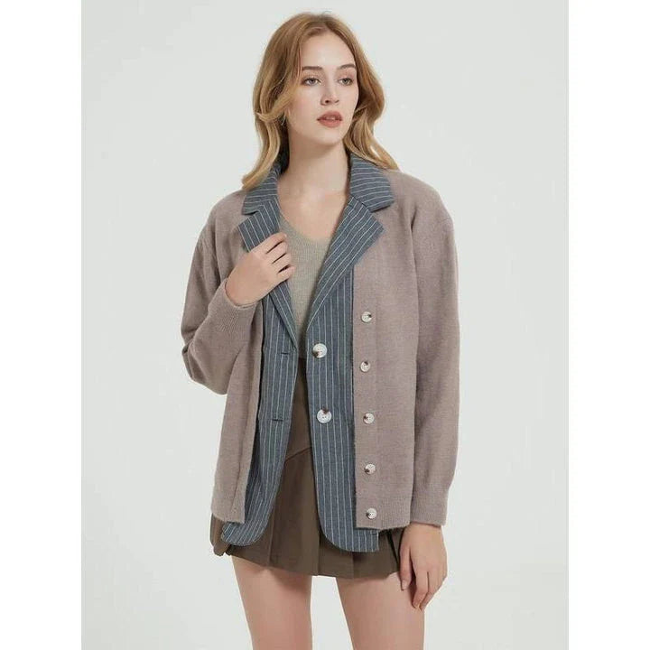 Autumn Elegance Patchwork Knit Cardigan in Khaki color, with a classic turn-down collar and double-breasted closure