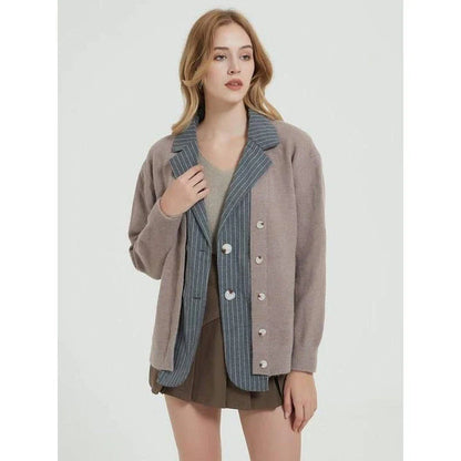 Autumn Elegance Patchwork Knit Cardigan in Khaki color, with a classic turn-down collar and double-breasted closure