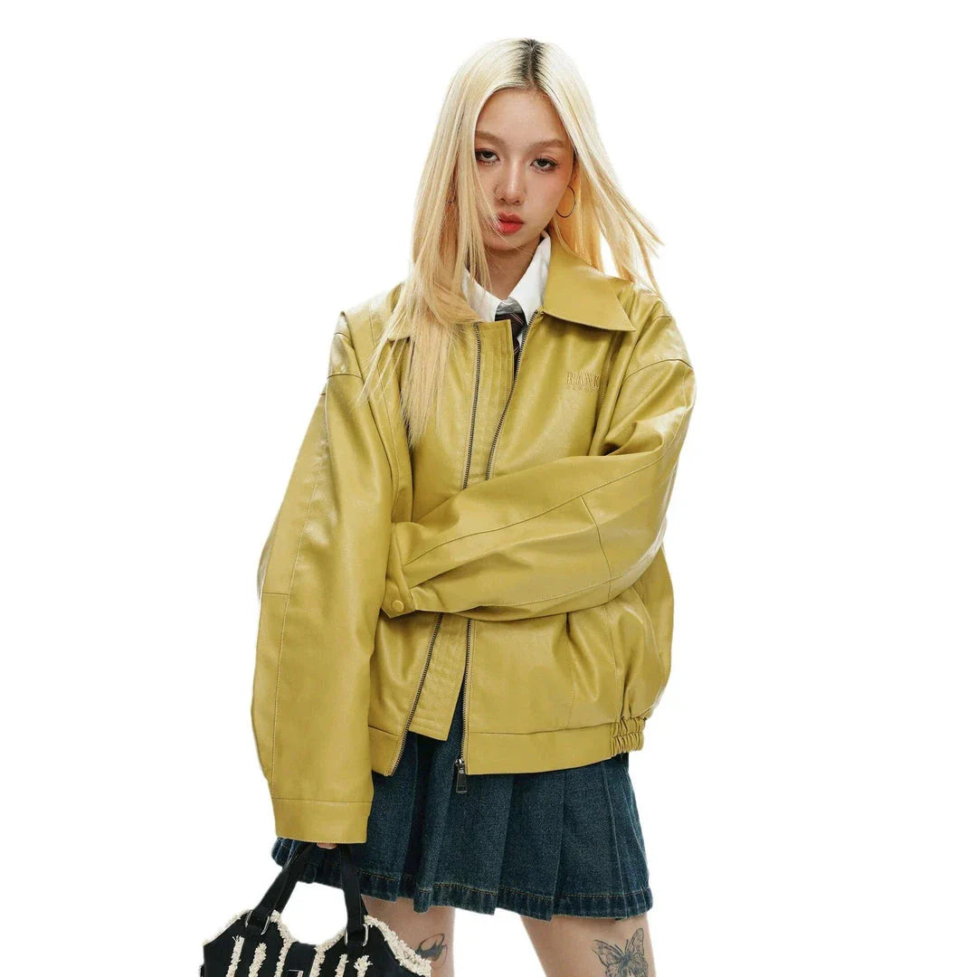 Edgy women's bomber jacket with zippered closure and turn-down collar, perfect for autumn and winter streetwear style