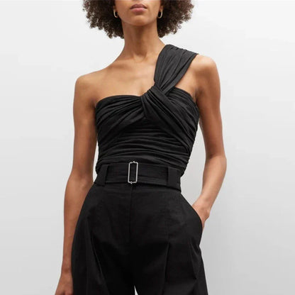 Asymmetrical solid tank top with diagonal collar and slimming folds, made from soft and breathable cotton-polyester blend