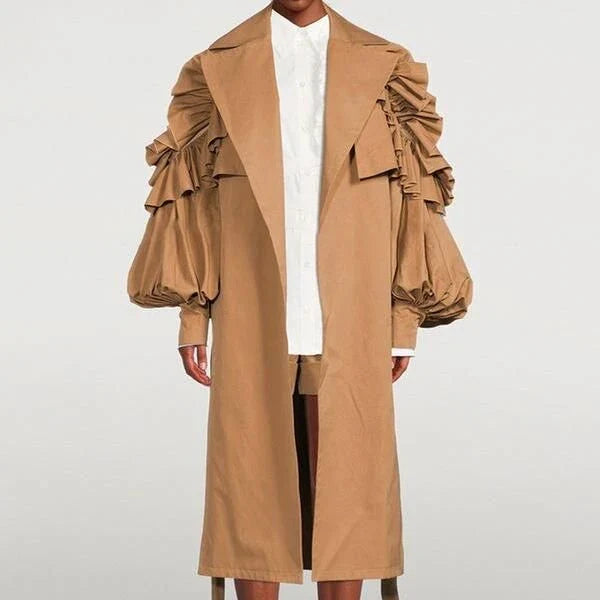 Frill Trim Windbreaker in Khaki color, featuring a turn-down collar and ruffle trim details for a sophisticated and timeless look.