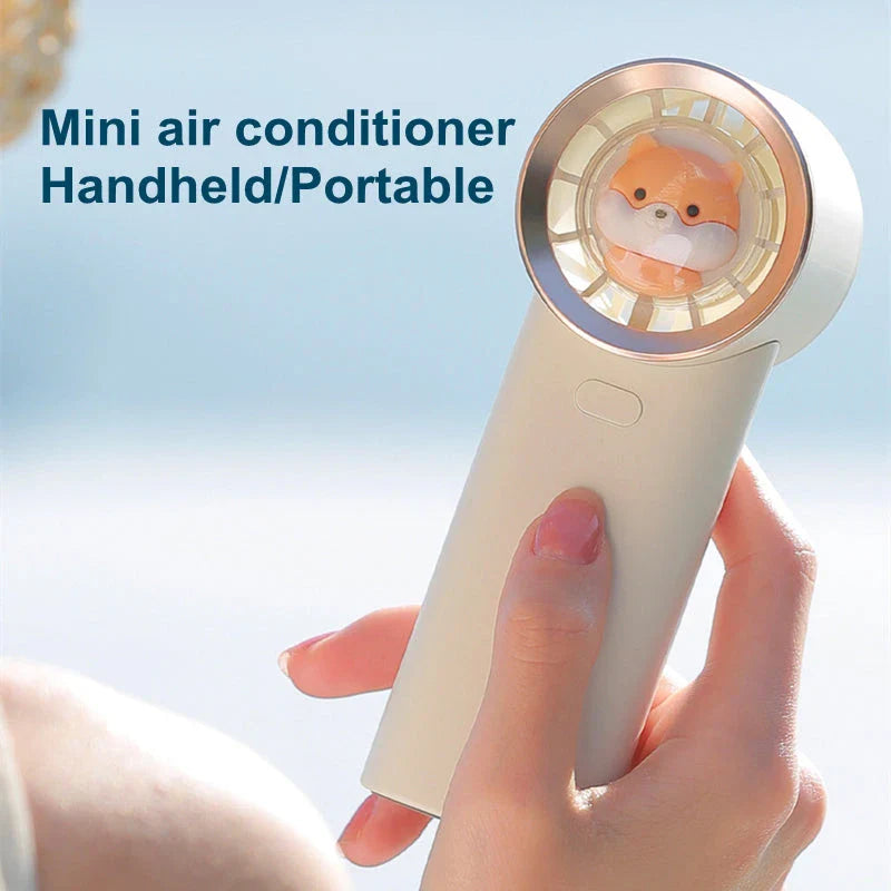 Cute squirrel-shaped mini handheld fan with adjustable speeds and USB charging capabilities
