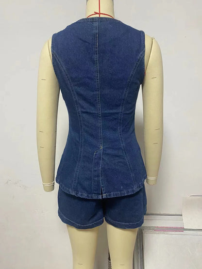 Sleeveless denim button-up top and high-waisted shorts set for women's summer fashion
