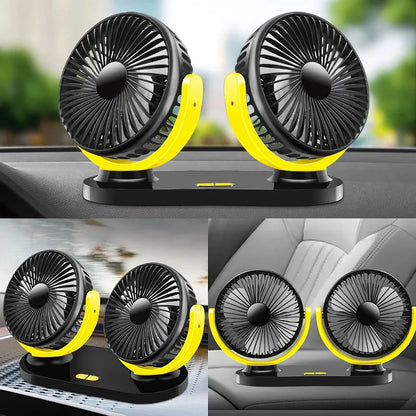 Dual-head 12/24V car fan with adjustable 3-speed settings and USB power for cooling in any vehicle