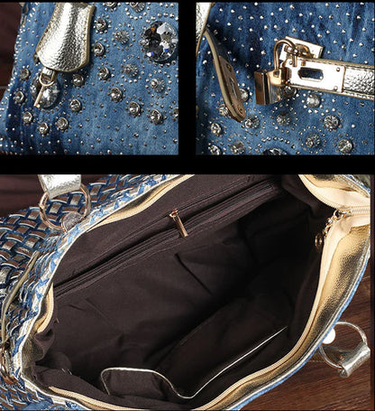 Silver diamond-studded denim messenger bag with adjustable strap and zippered main compartment