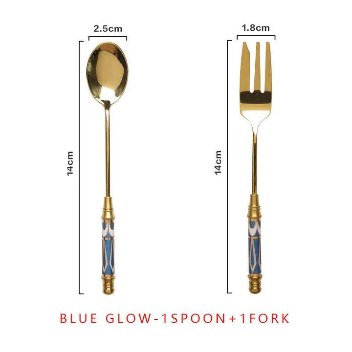 Elegant vintage gold and ceramic coffee, dessert fork and spoon set with hand-painted classical designs