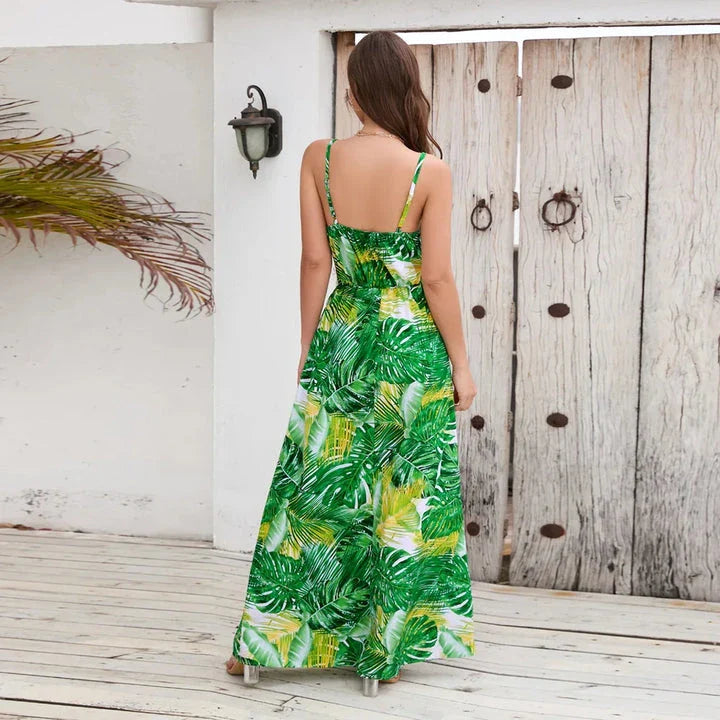 Elegant Bohemian Paisley Print Maxi Dress with spaghetti straps and V-neck, perfect for casual or formal events.