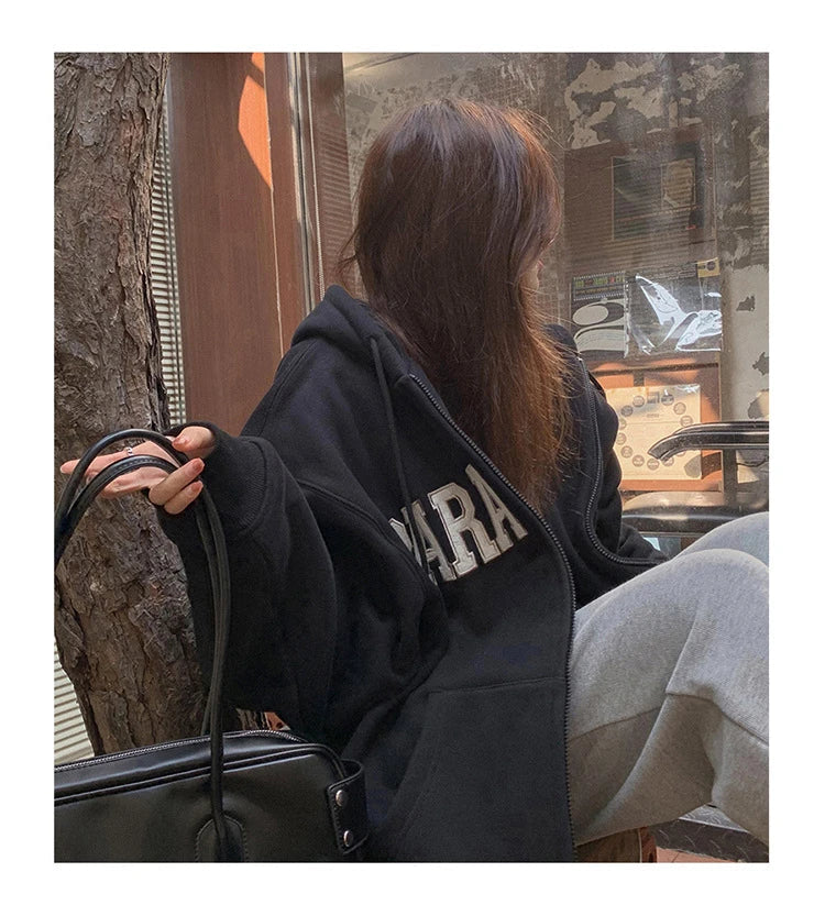 Premium hooded cardigan sweater for women in white grey and black colors, featuring a plush and thickened polyester fabric design