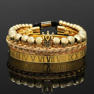 Crown-inspired braided bracelet set with stainless steel and copper construction for a retro-chic American and European style