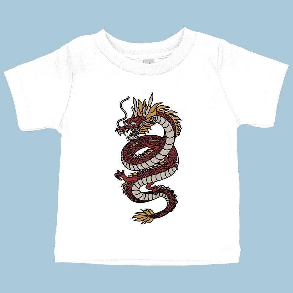 Adorable baby wearing soft, comfortable Chinese dragon t-shirt with flexible, form-fitting design