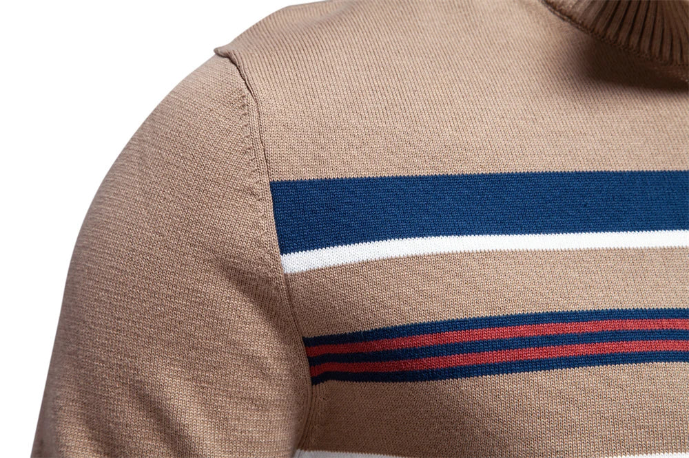 Cozy autumn and winter half-zip sweater in green, dark blue, khaki, and light gray colors