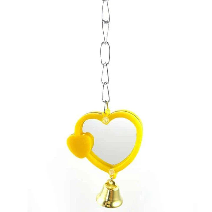Heart-shaped mirror for birds made of acrylic and metal, providing a stylish and engaging accessory for your feathered companion's habitat