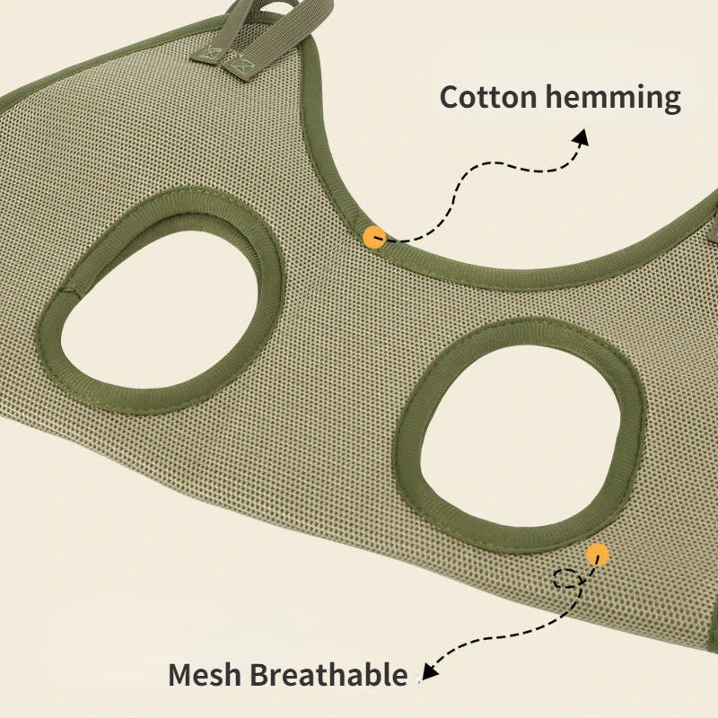 A green cat grooming hammock with a breathable and comfortable design for easy nail trimming, bathing, and grooming.