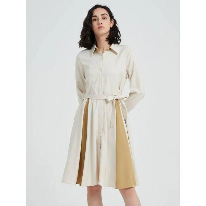 Elegant beige A-line dress with long sleeves, turn-down collar, and included belt for a flattering silhouette