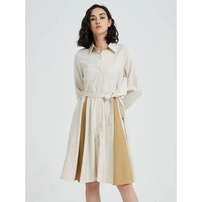Elegant beige A-line dress with long sleeves, turn-down collar, and included belt for a flattering silhouette