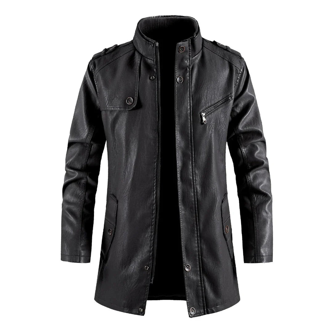 Fashionable standing collar plush leather jacket for men in black, brown, and light brown colors