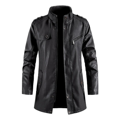 Fashionable standing collar plush leather jacket for men in black, brown, and light brown colors