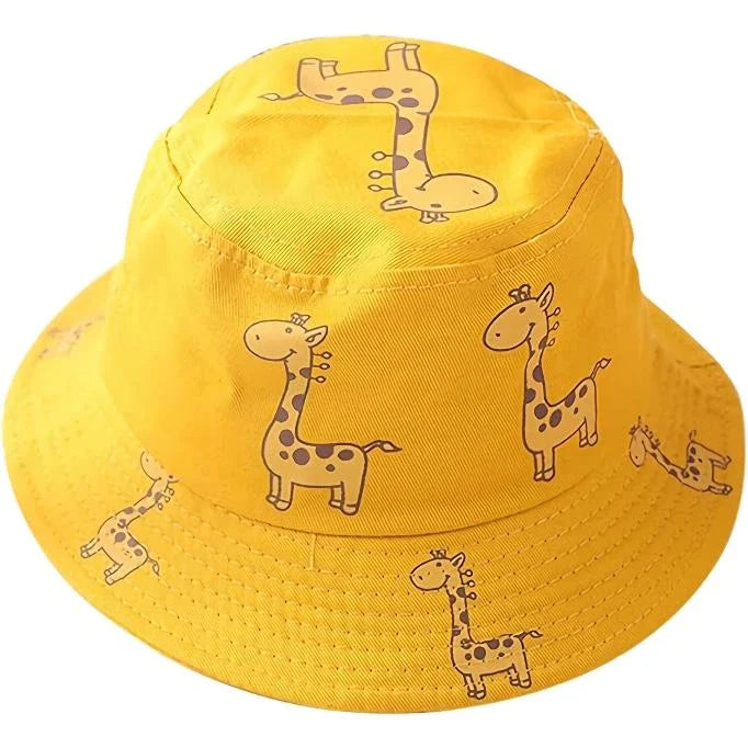 Colorful cartoon giraffe bucket hats for children aged 1 to 5 years, with adjustable straps and durable polyester material