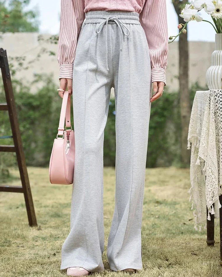 High-Waisted Wide Leg Casual Pants with Lace-Up Waist in Gray Color