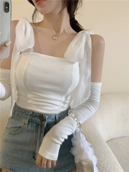 Chic knitted white tank top with bow accent, one size fits all, premium polyester fabric