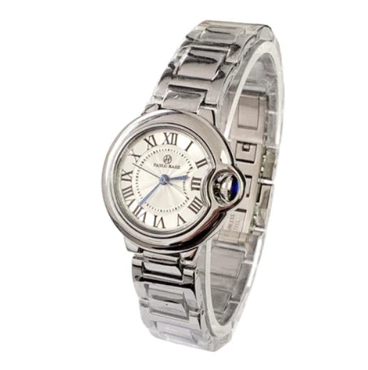 Stainless steel men's watch with large dial, calendar function, and adjustable band