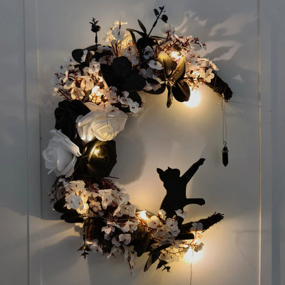 Halloween White Flower Black Rose Dried Wood Moon Cat Garland Ornaments
