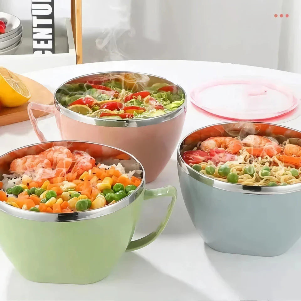 Colorful stainless steel mixing bowl with ergonomic handle, available in pink, green, and blue colors