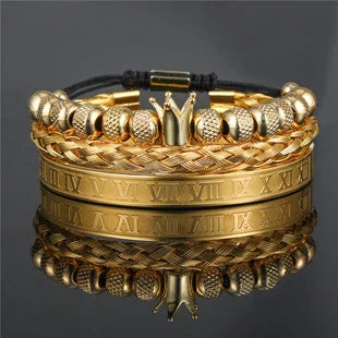 Crown-inspired braided bracelet set with stainless steel and copper construction for a retro-chic American and European style