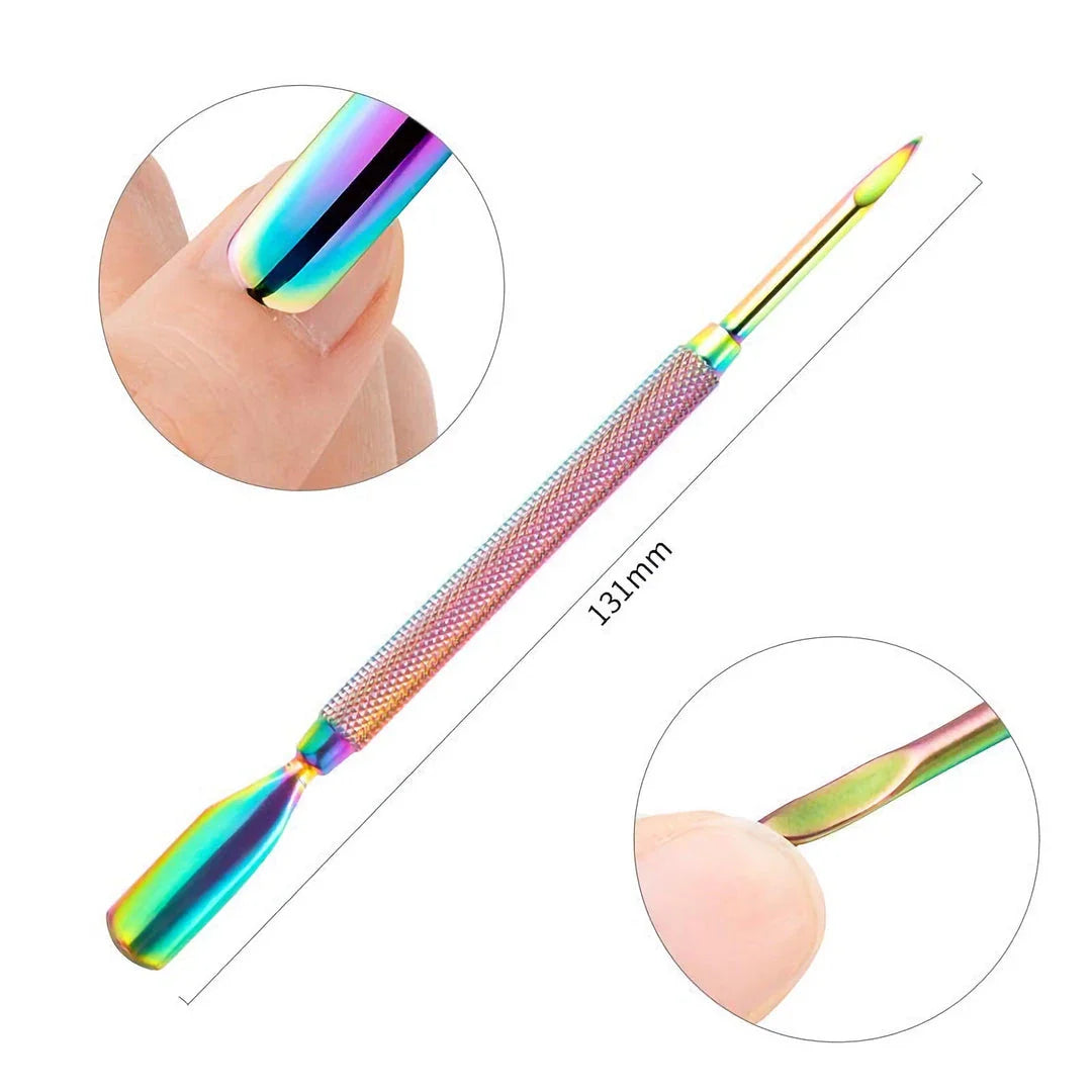 Premium stainless steel chameleon rainbow dual-ended cuticle pusher for salon-quality nail care at home