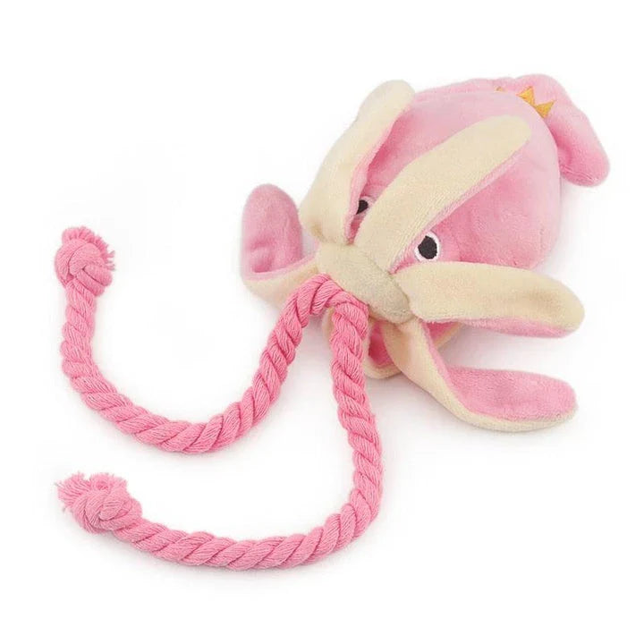 Plush pink squid-shaped dog toy made of soft, high-quality fleece material