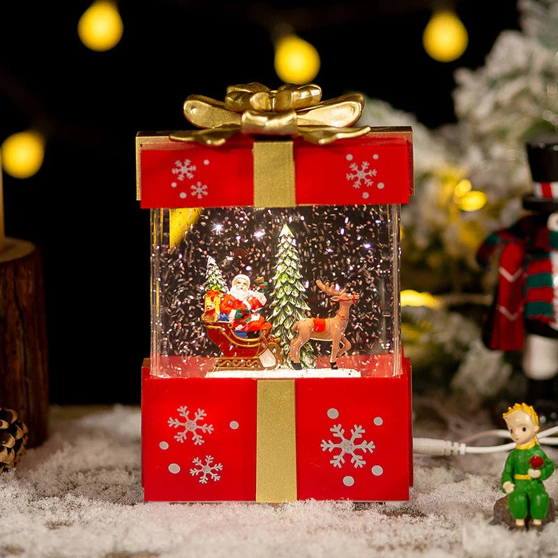 A festive red gift box with a crystal ball night lamp that emits warm, soothing lighting and plays classic Christmas songs.
