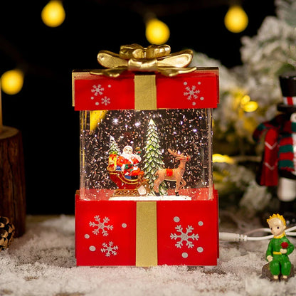 A festive red gift box with a crystal ball night lamp that emits warm, soothing lighting and plays classic Christmas songs.