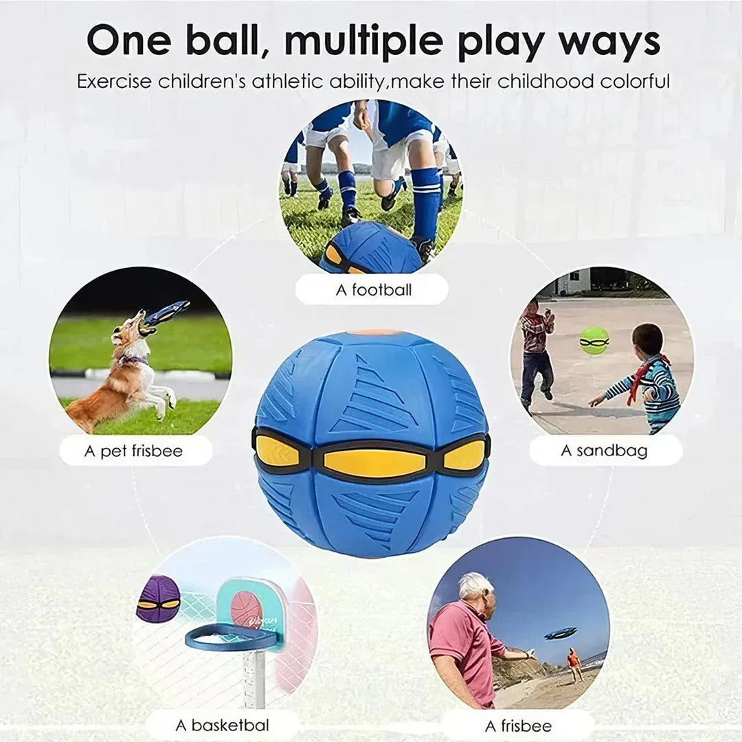 Transforming dog toy with UFO-shaped ball that changes shape for interactive outdoor play