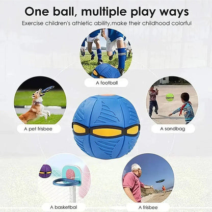 Transforming dog toy with UFO-shaped ball that changes shape for interactive outdoor play