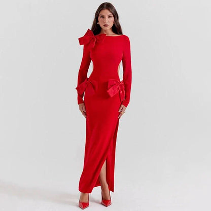 Chic and elegant red backless maxi dress with full-length sleeves and O-neck neckline, designed for sophisticated style and allure