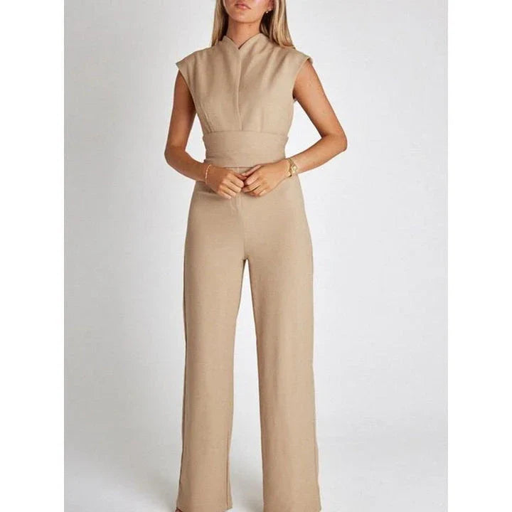 Elegant V-Neck Sleeveless Wide-Leg Jumpsuit for Women in Khaki Color
