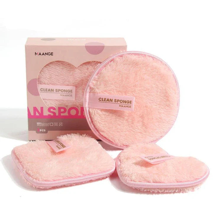 Premium 3-Piece Reusable Makeup Removal Sponge Set in pink color with various shaped microfiber suede pads and storage box