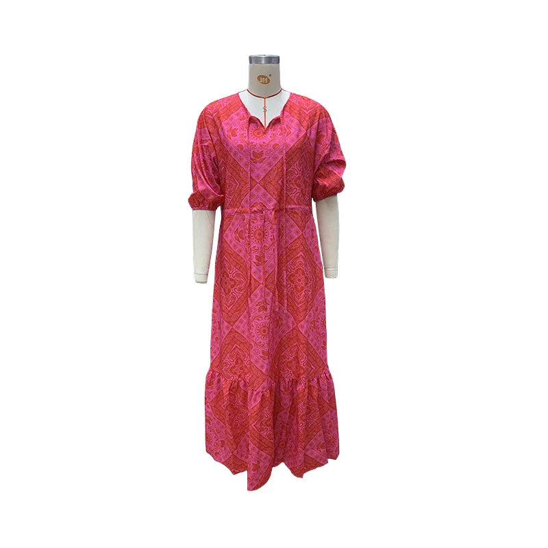 A vibrant red Bohemian-style dress with a geometric print pattern, featuring a mid-length, flattering silhouette and stretchy, comfortable Spandex fabric