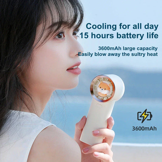 Cute squirrel-shaped mini handheld fan with adjustable speeds and USB charging capabilities