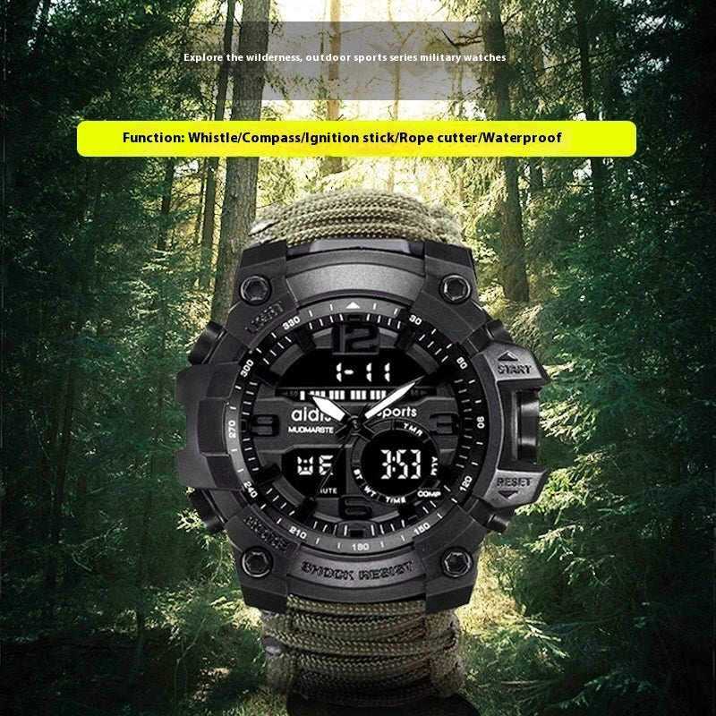 Outdoor survival watch with compass, parachute cord, and water-resistant design for rugged adventures