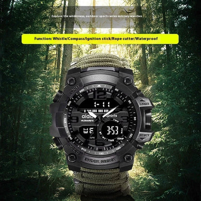 Outdoor survival watch with compass, parachute cord, and water-resistant design for rugged adventures