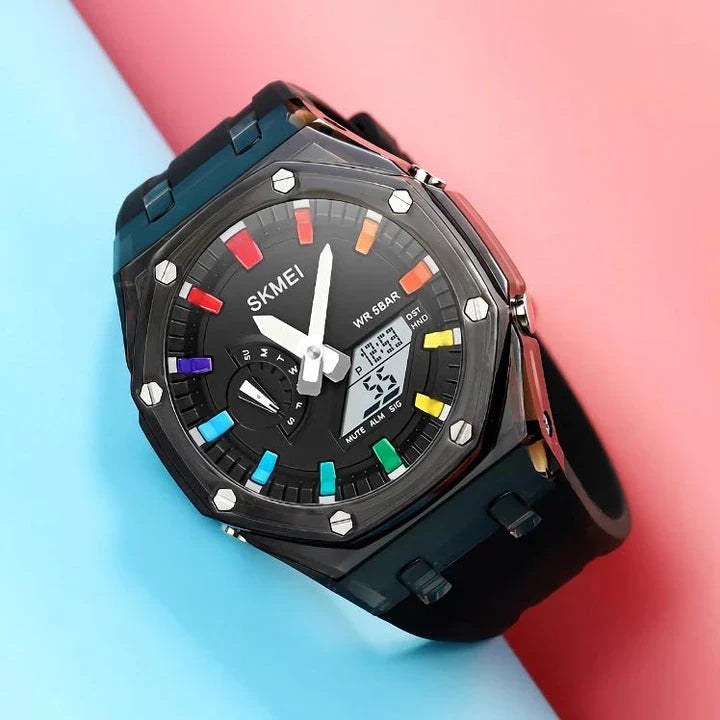 A durable, waterproof digital sports watch with LED lighting for easy reading in any conditions
