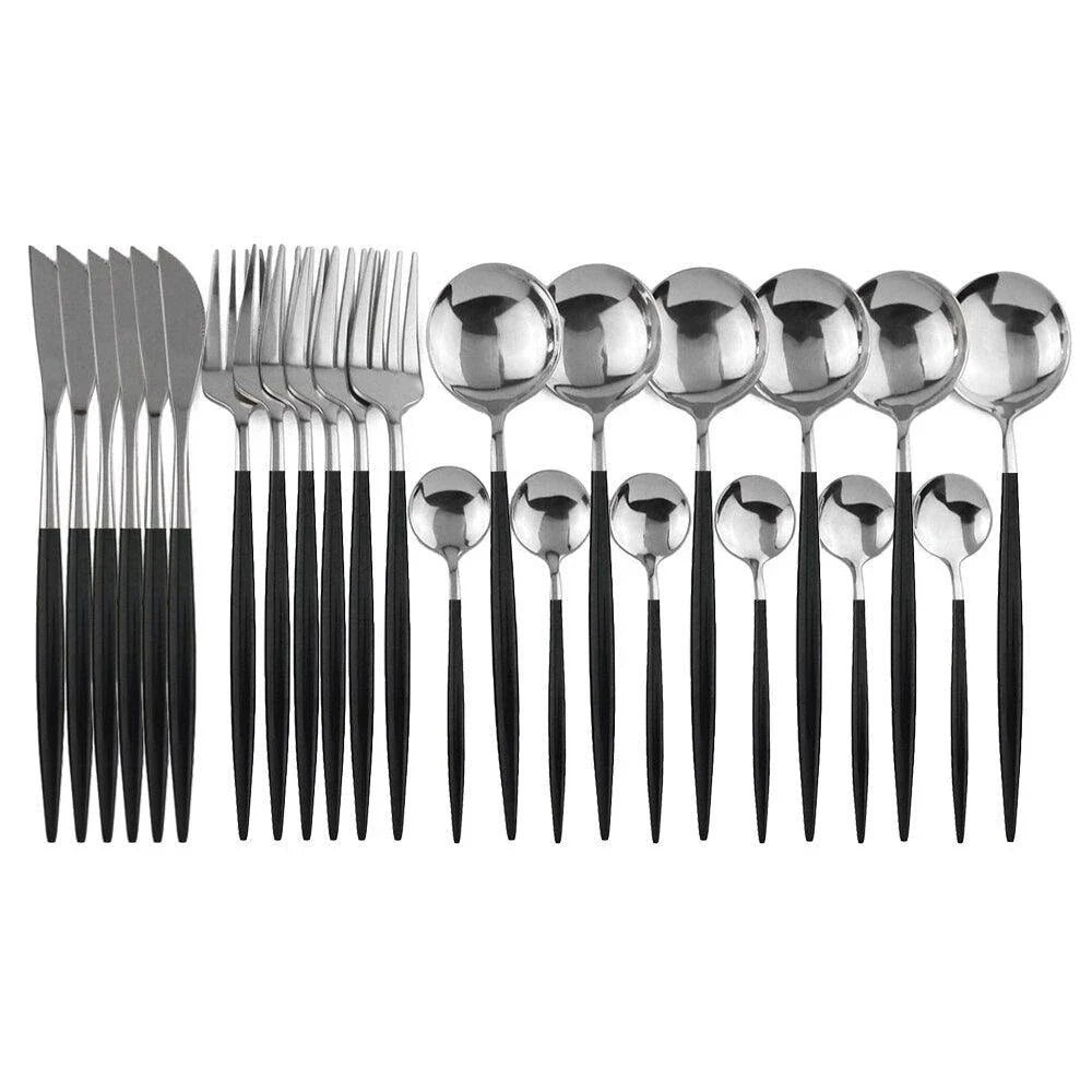 Premium 24-Piece Stainless Steel Tableware Set in Black - Durable, Elegant Dining Utensils with Sleek Design