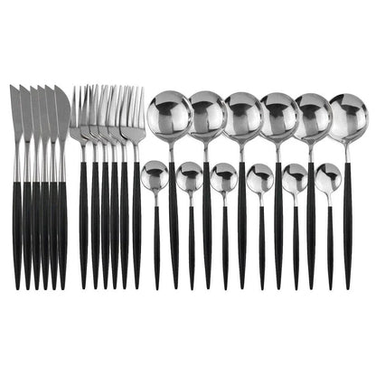 Premium 24-Piece Stainless Steel Tableware Set in Black - Durable, Elegant Dining Utensils with Sleek Design