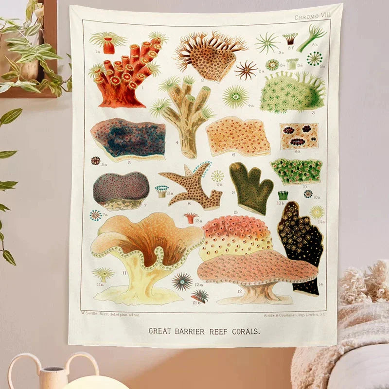 Botanical mushroom tapestry wall hanging with vibrant floral prints and educational mushroom illustrations